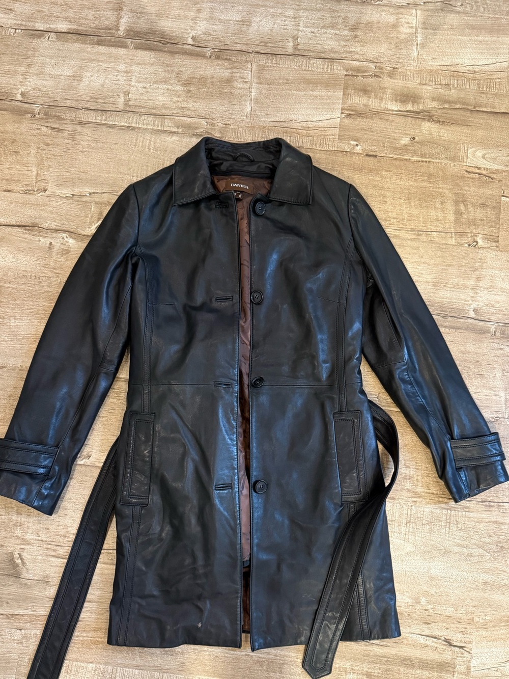 Danier Black Leather Trench Coat with Belt